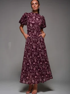 Jolie Moi Red Puffy Sleeve Printed Mesh Maxi Dress