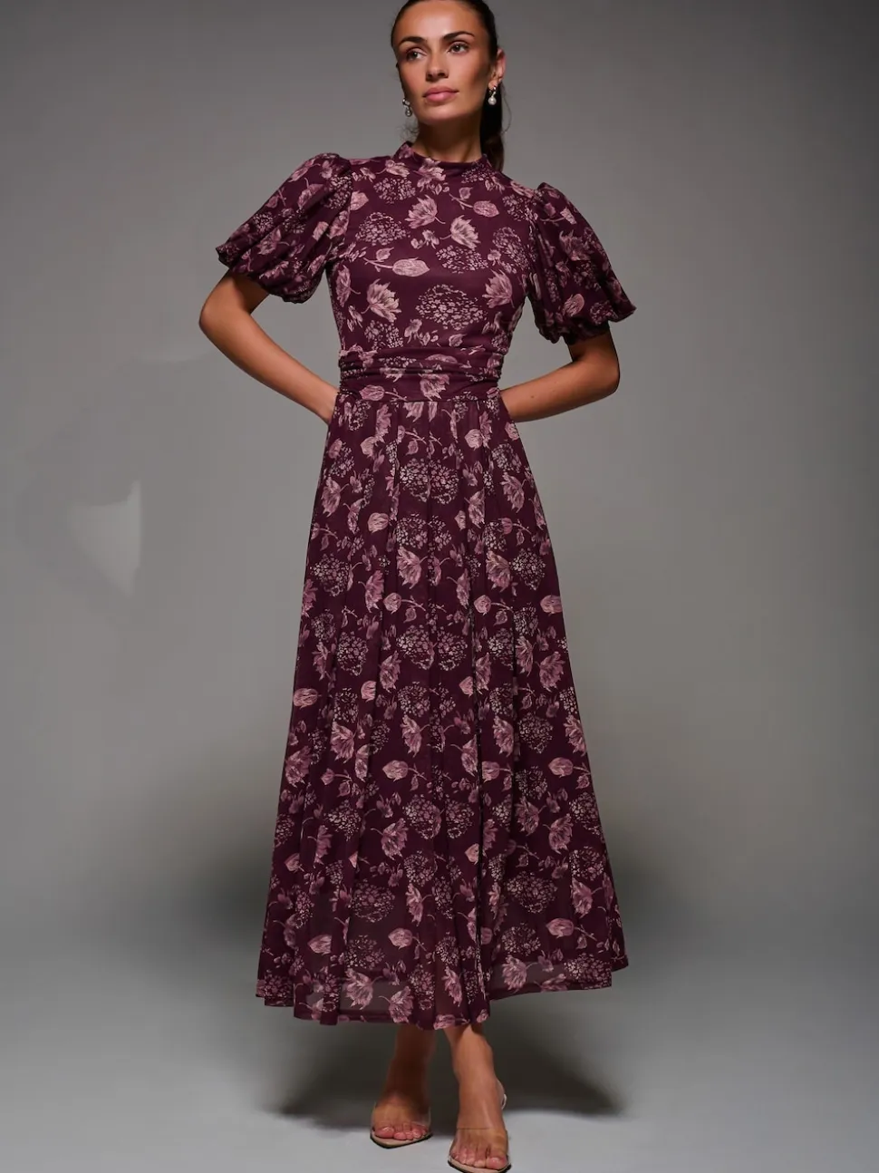 Jolie Moi Red Puffy Sleeve Printed Mesh Maxi Dress