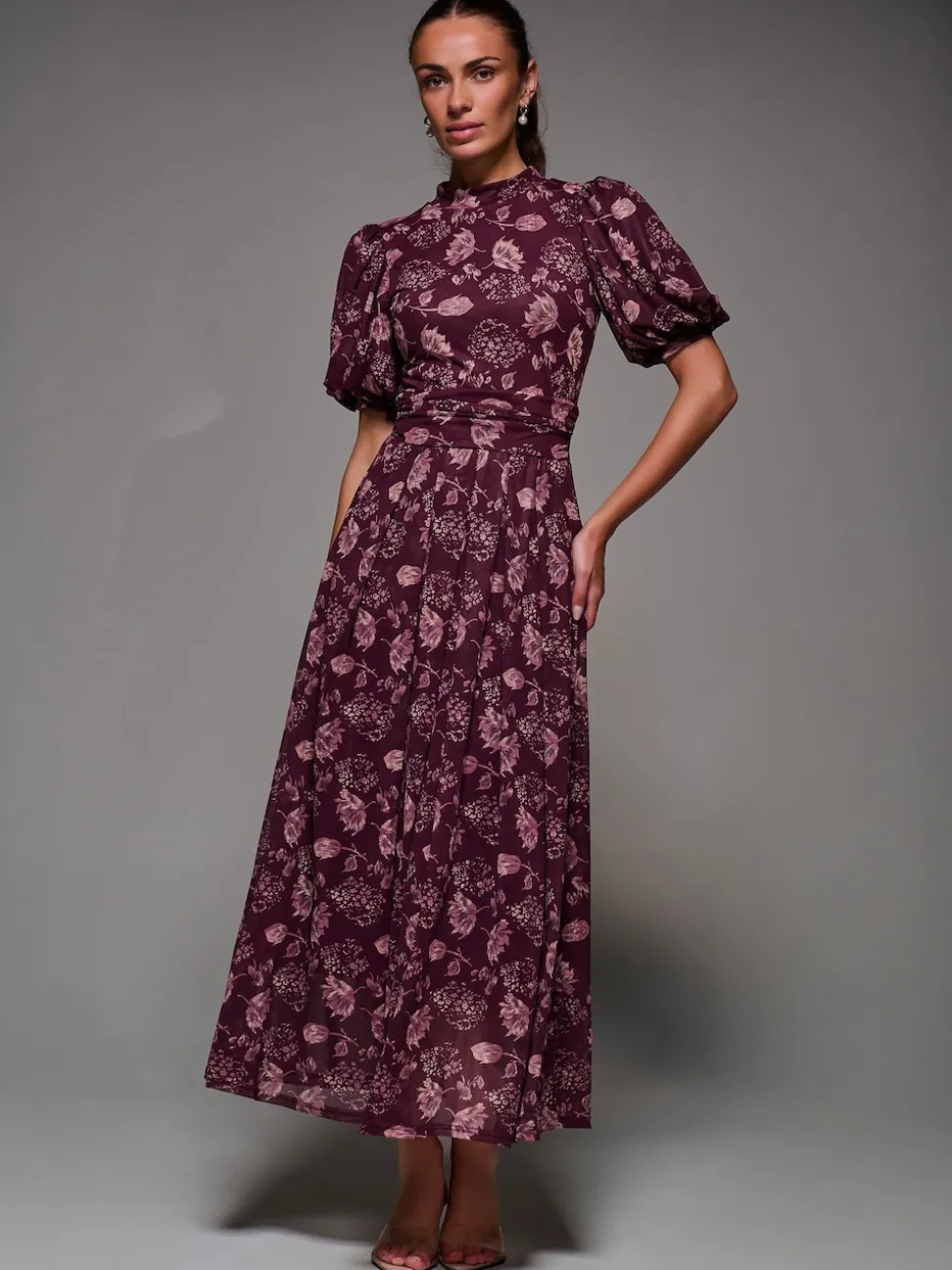 Jolie Moi Red Puffy Sleeve Printed Mesh Maxi Dress