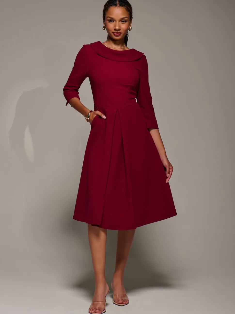 Jolie Moi Red Roll Neck Fit & Flare Midi Dress