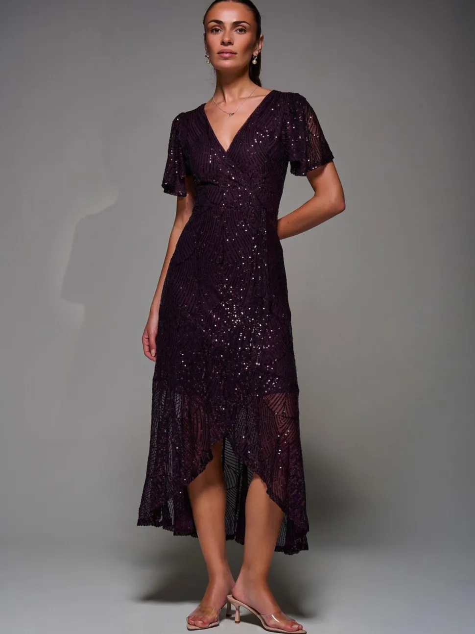 Jolie Moi Red Sequin Angel Sleeve Ruffle Hem Maxi Dress