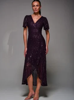 Jolie Moi Red Sequin Angel Sleeve Ruffle Hem Maxi Dress