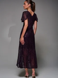 Jolie Moi Red Sequin Angel Sleeve Ruffle Hem Maxi Dress