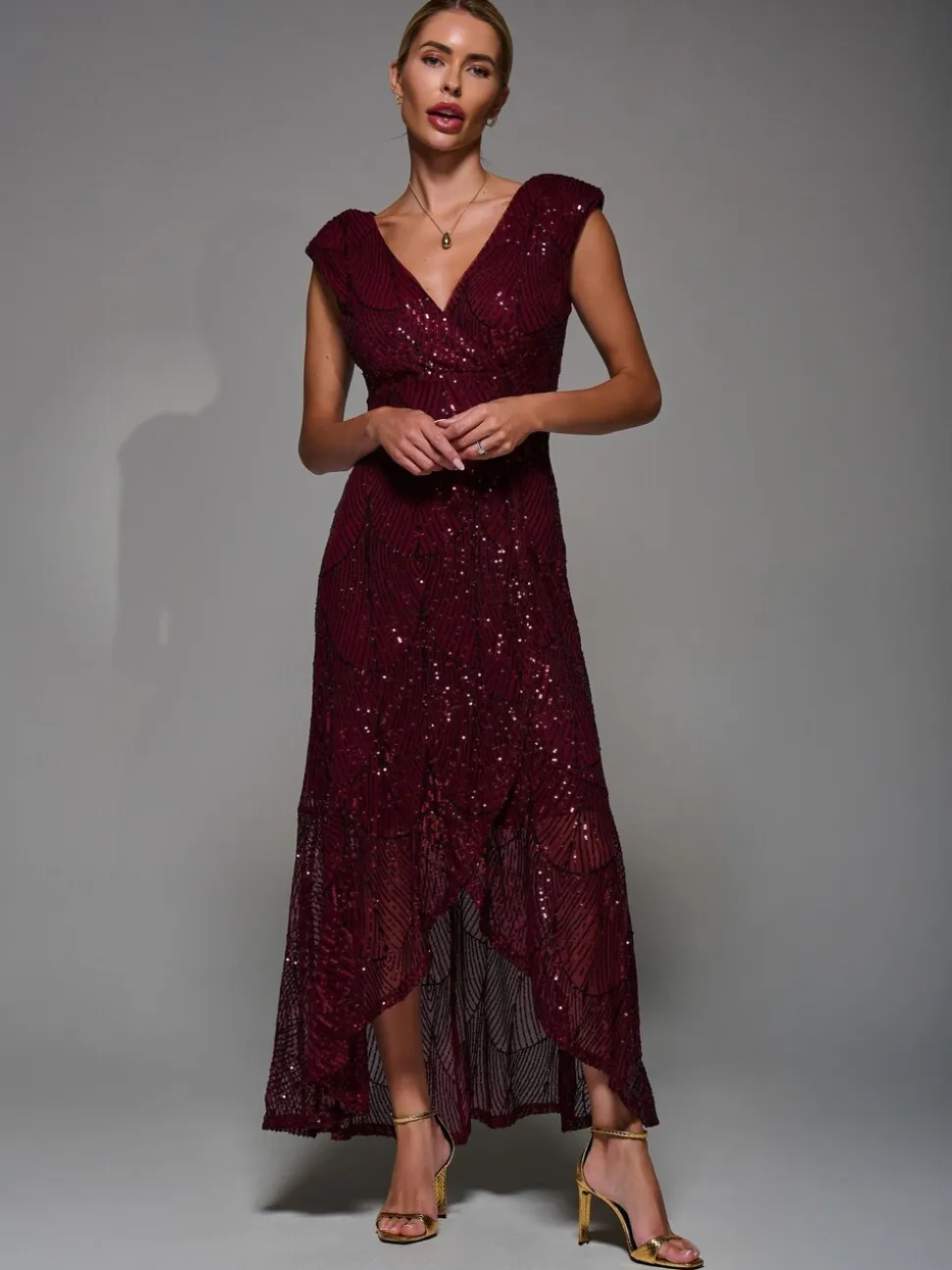 Jolie Moi Red Sequin Asymmetric Ruffle Hem Maxi Dress