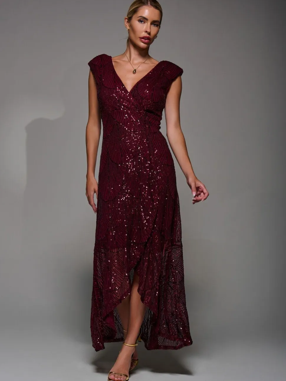 Jolie Moi Red Sequin Asymmetric Ruffle Hem Maxi Dress
