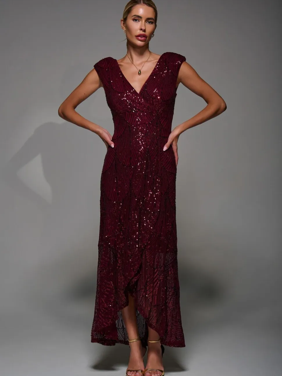 Jolie Moi Red Sequin Asymmetric Ruffle Hem Maxi Dress
