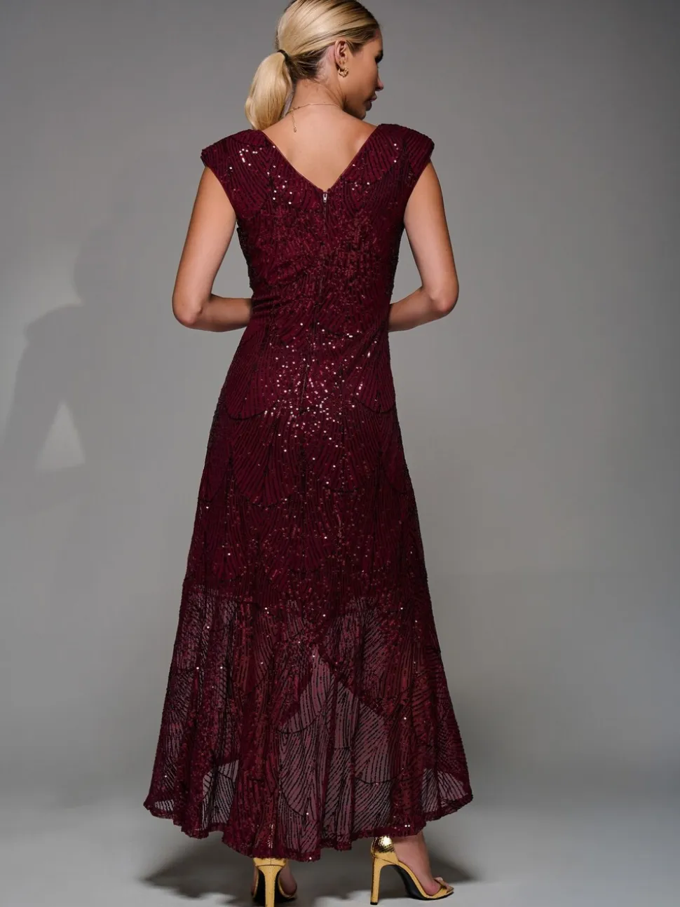 Jolie Moi Red Sequin Asymmetric Ruffle Hem Maxi Dress