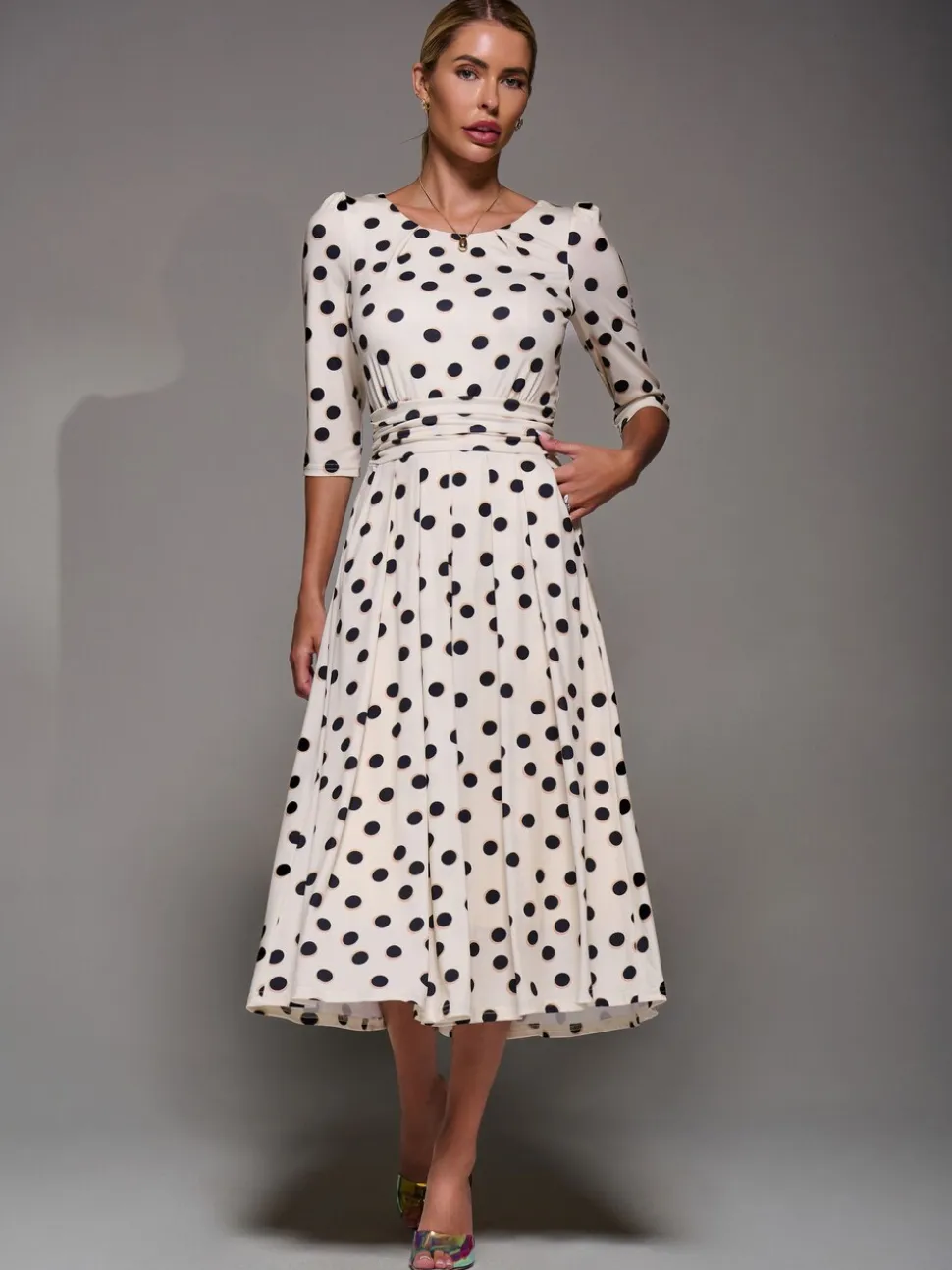 Jolie Moi White / Brown Three Quarter Sleeve Jersey Midi Dress