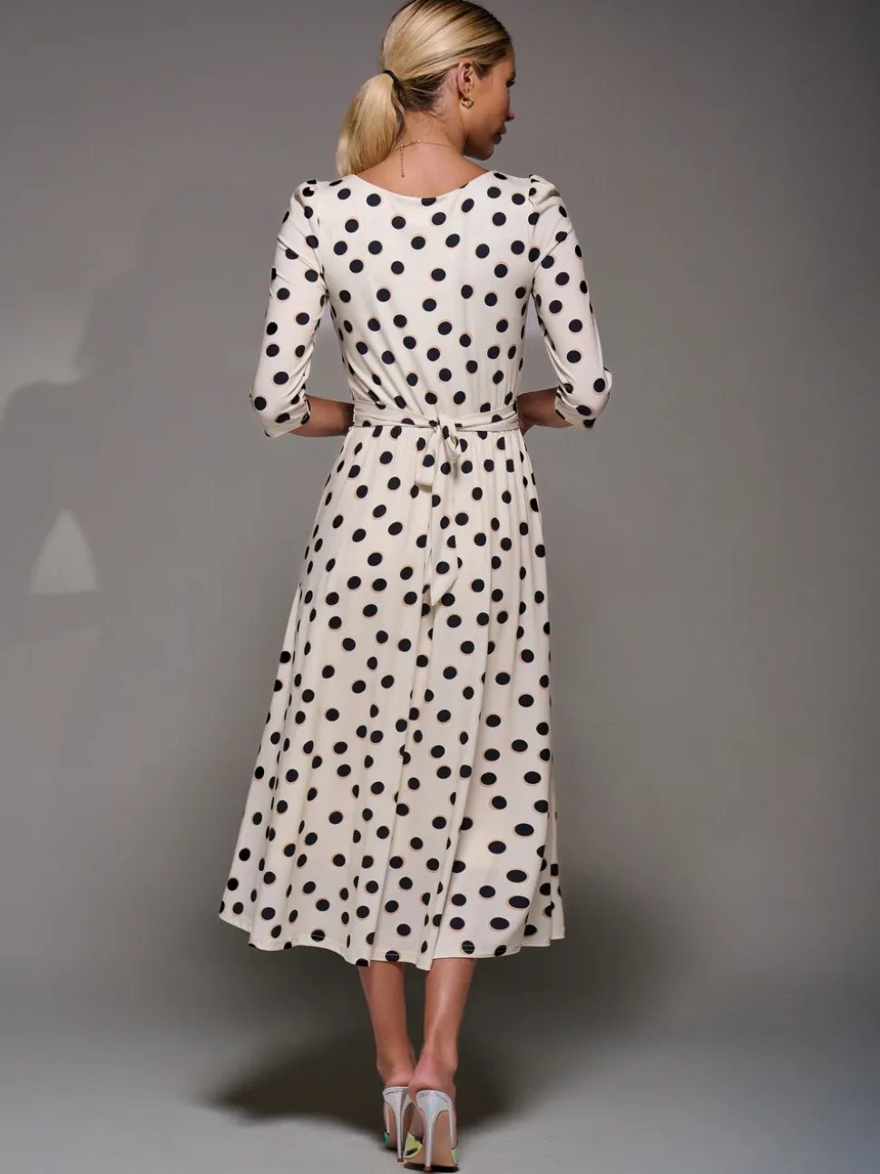Jolie Moi White / Brown Three Quarter Sleeve Jersey Midi Dress
