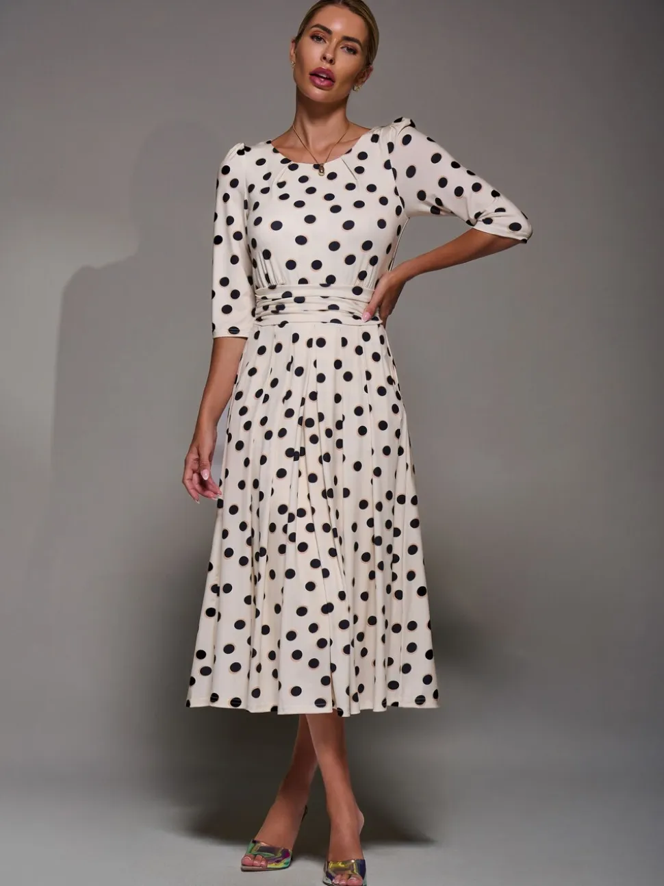 Jolie Moi White / Brown Three Quarter Sleeve Jersey Midi Dress