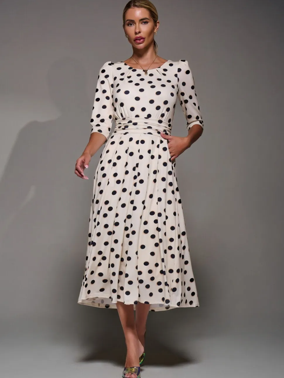 Jolie Moi White / Brown Three Quarter Sleeve Jersey Midi Dress