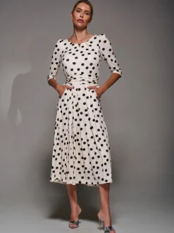 Jolie Moi White / Brown Three Quarter Sleeve Jersey Midi Dress