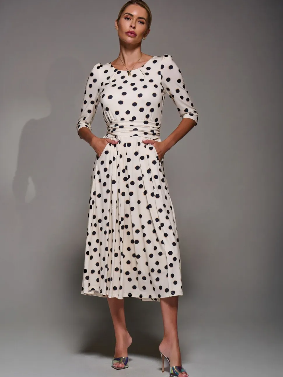 Jolie Moi White / Brown Three Quarter Sleeve Jersey Midi Dress