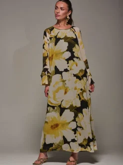 Jolie Moi Yellow Chiffon Long Sleeve Shift Maxi Dress