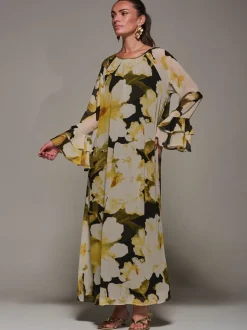 Jolie Moi Yellow Chiffon Long Sleeve Shift Maxi Dress