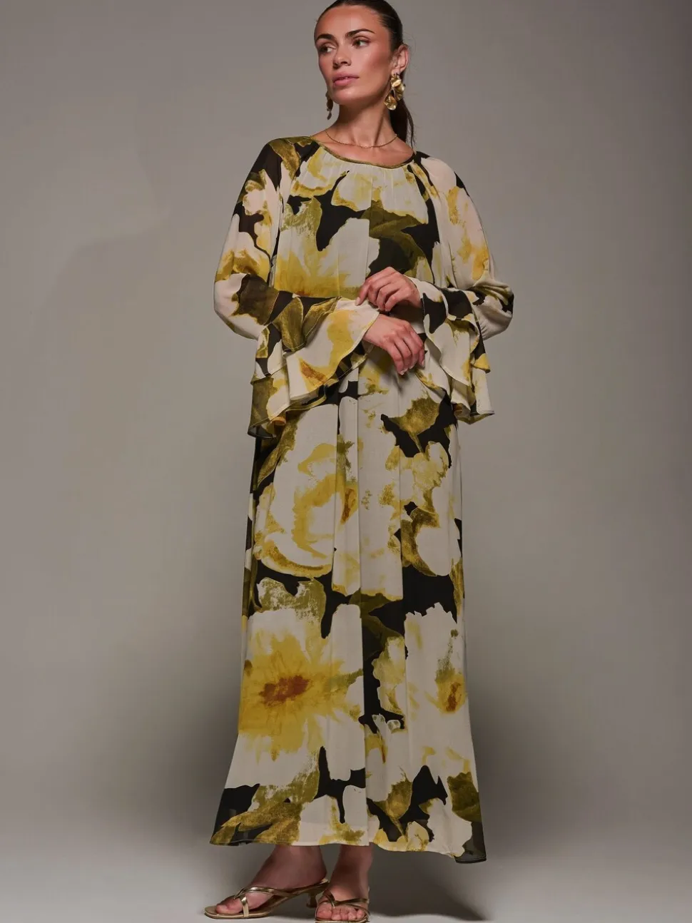 Jolie Moi Yellow Chiffon Long Sleeve Shift Maxi Dress