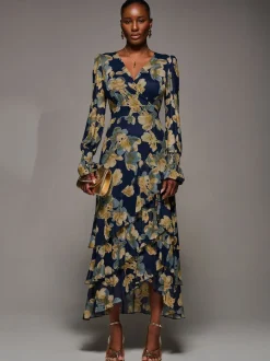 Jolie Moi Yellow Long Sleeve Ruffle Hem Mesh Maxi Dress