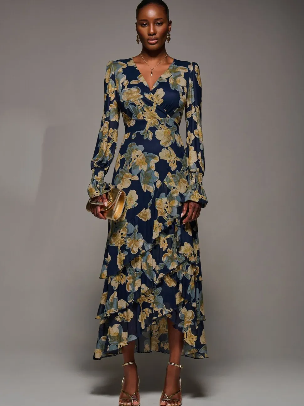 Jolie Moi Yellow Long Sleeve Ruffle Hem Mesh Maxi Dress