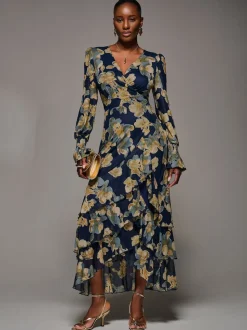 Jolie Moi Yellow Long Sleeve Ruffle Hem Mesh Maxi Dress