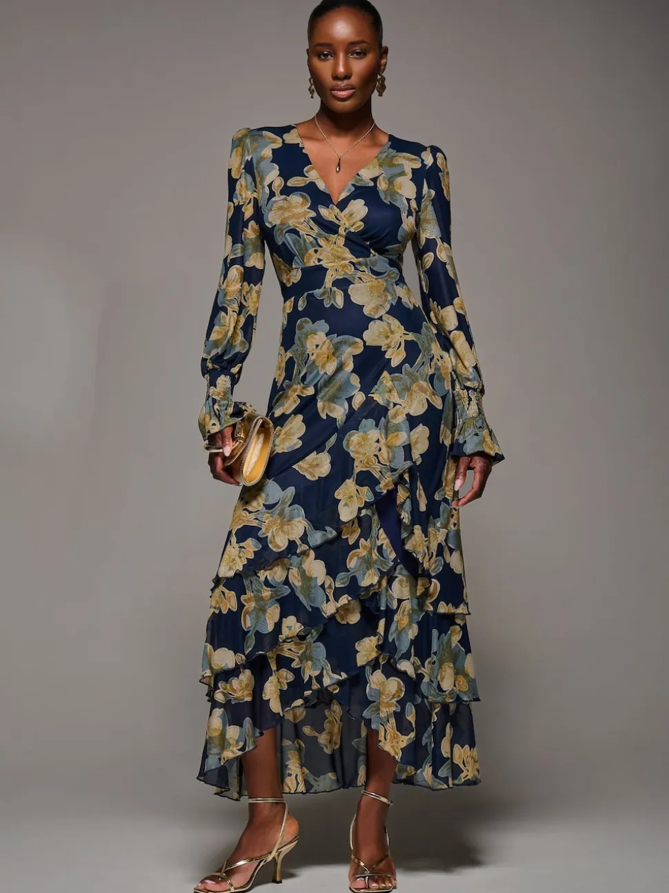 Jolie Moi Yellow Long Sleeve Ruffle Hem Mesh Maxi Dress