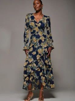 Jolie Moi Yellow Long Sleeve Ruffle Hem Mesh Maxi Dress
