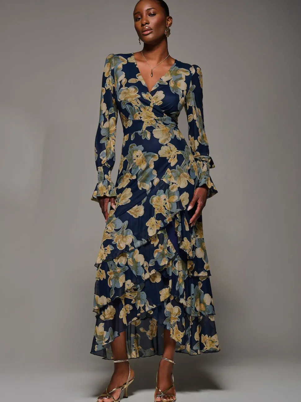 Jolie Moi Yellow Long Sleeve Ruffle Hem Mesh Maxi Dress