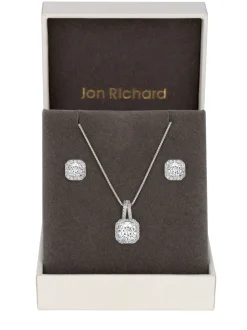 Jon Richard Silver Tone Clear Crystal Square Drop Matching Set in a Gift Box