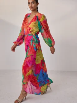 Kew Collection Bright Floral Occasion Long Sleeve Wrap Midi Dress