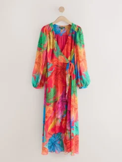 Kew Collection Bright Floral Occasion Long Sleeve Wrap Midi Dress