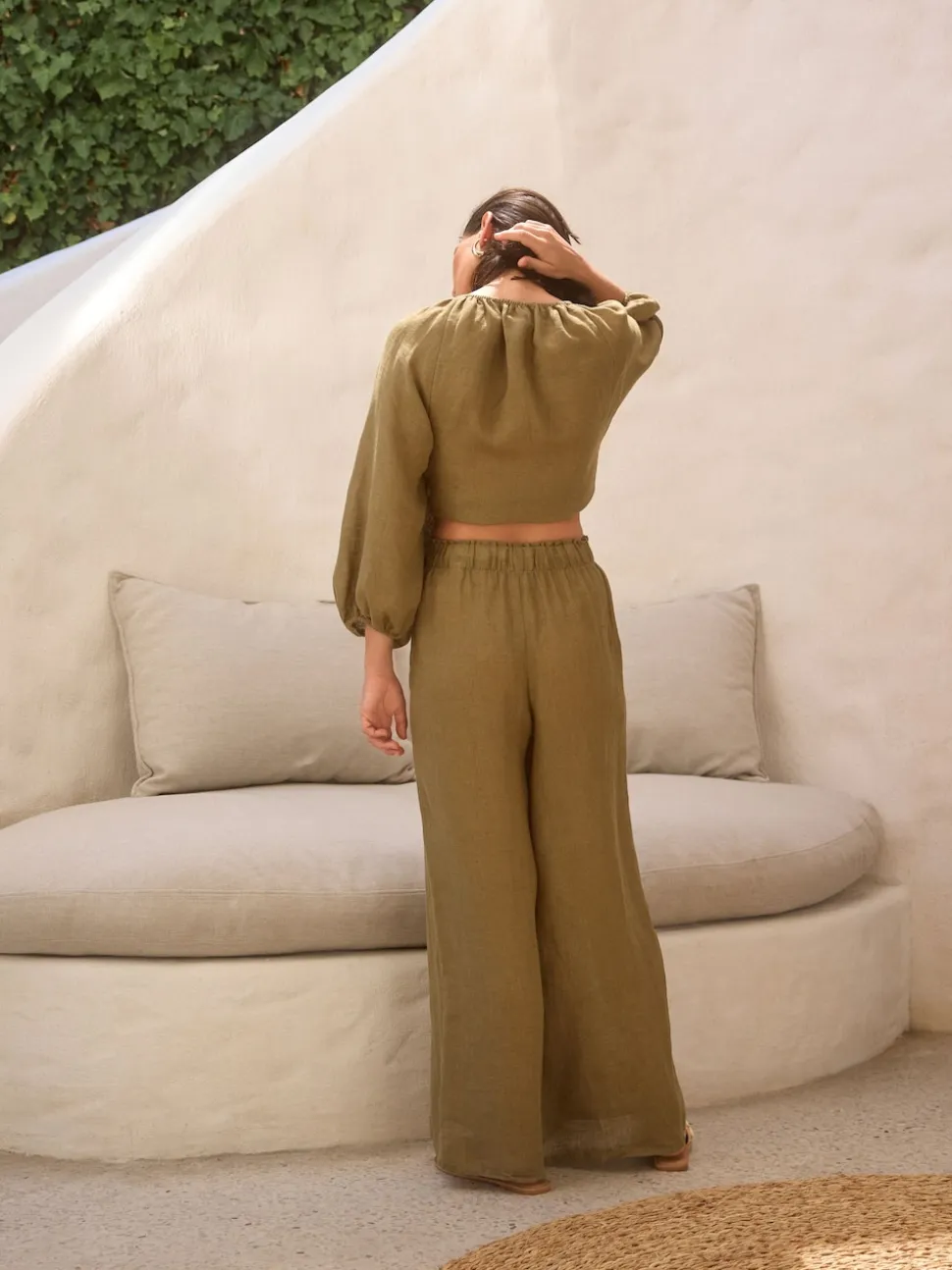 Khaki Green 100% Linen Premium Wide Leg Trousers