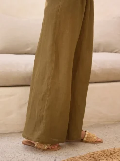 Khaki Green 100% Linen Premium Wide Leg Trousers