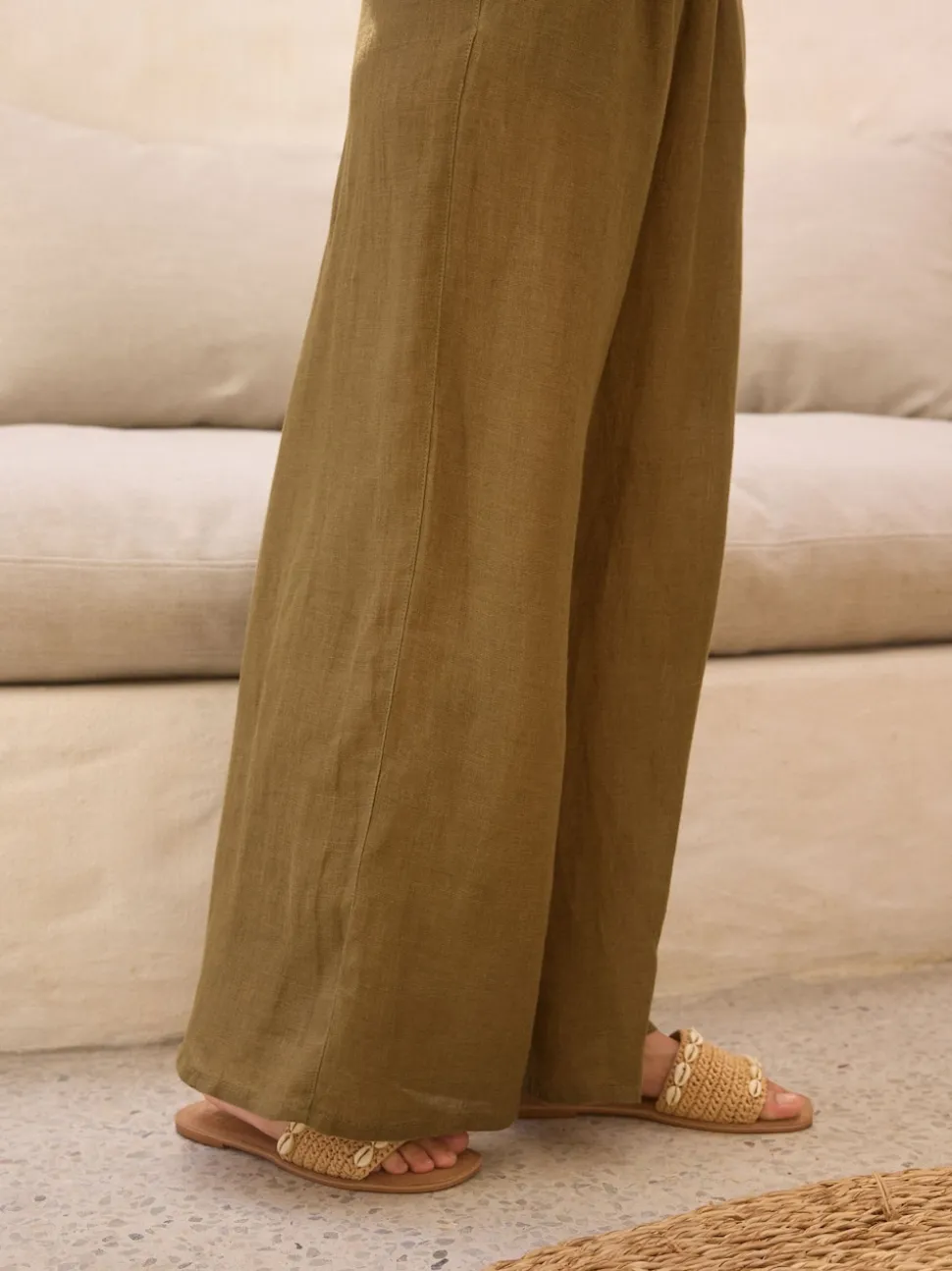 Khaki Green 100% Linen Premium Wide Leg Trousers