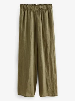 Khaki Green 100% Linen Premium Wide Leg Trousers
