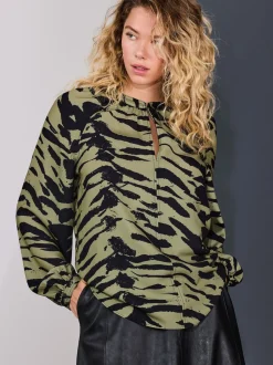 Khaki Green Animal Print Long Sleeve V-Neck Blouse