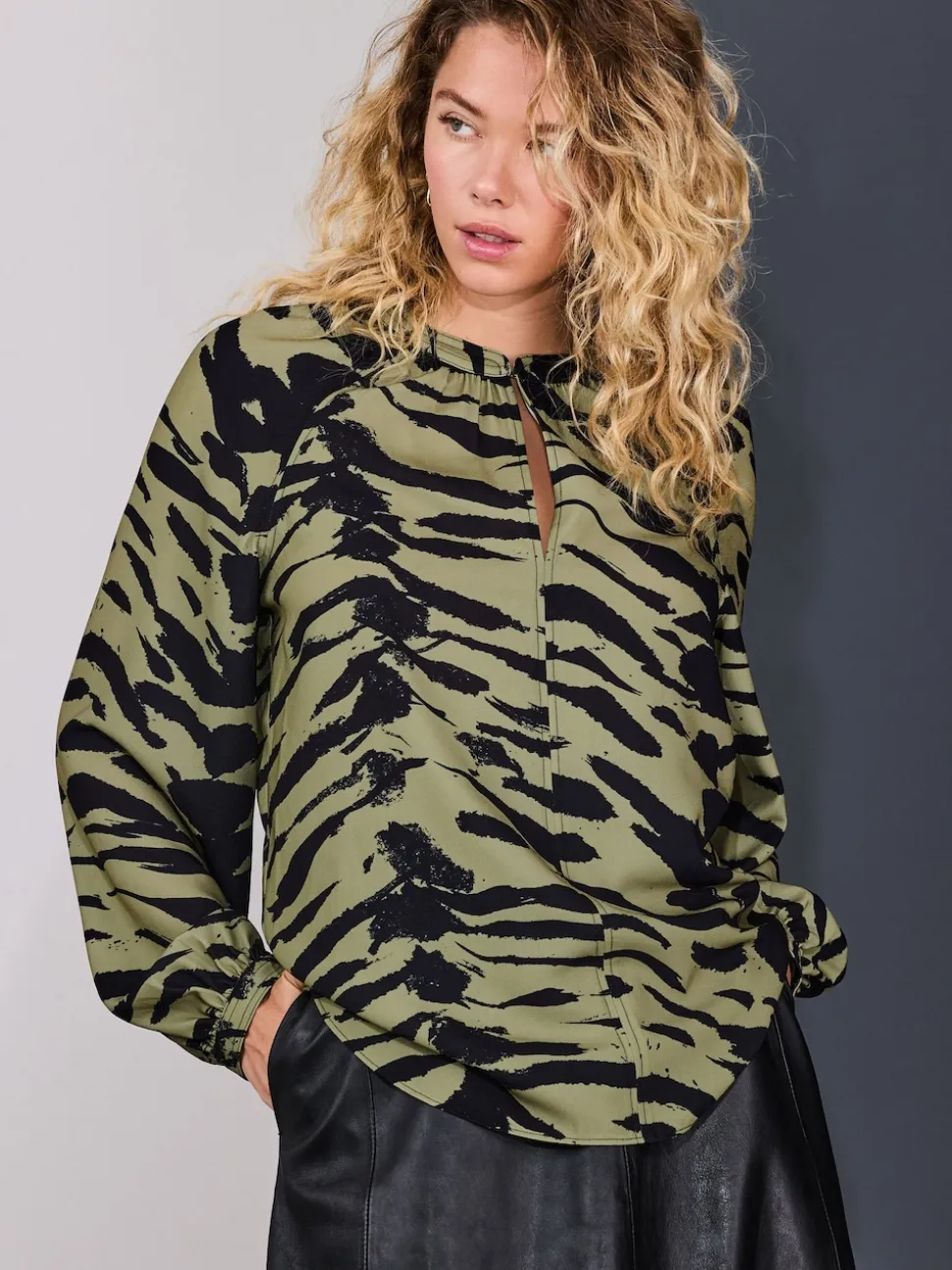 Khaki Green Animal Print Long Sleeve V-Neck Blouse