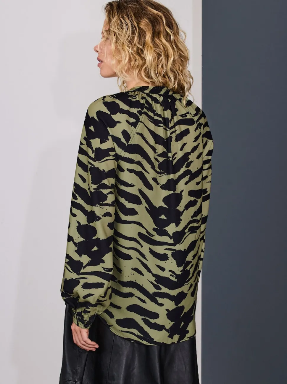 Khaki Green Animal Print Long Sleeve V-Neck Blouse