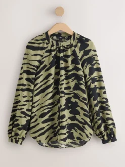 Khaki Green Animal Print Long Sleeve V-Neck Blouse