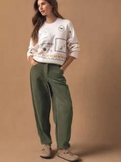 Khaki Green Cord Barrel Leg Trousers