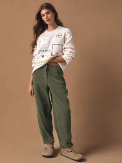 Khaki Green Cord Barrel Leg Trousers