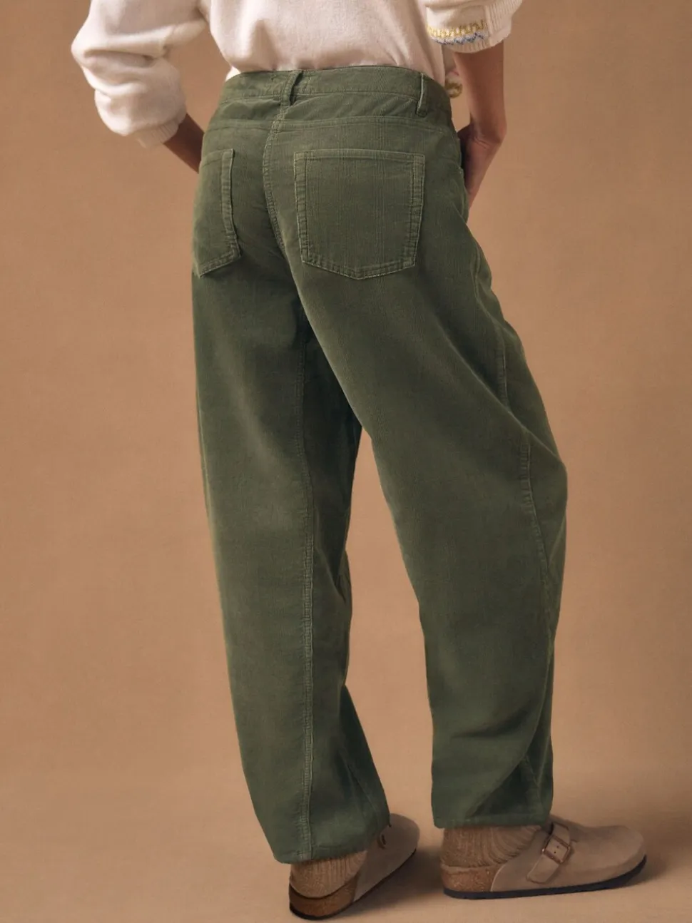 Khaki Green Cord Barrel Leg Trousers