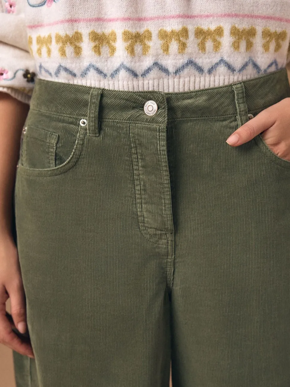 Khaki Green Cord Barrel Leg Trousers