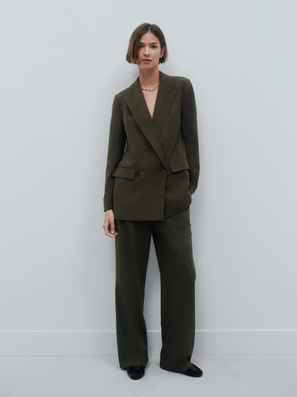 Khaki Green Crosshatch Elastic Waist Wide Leg Trousers
