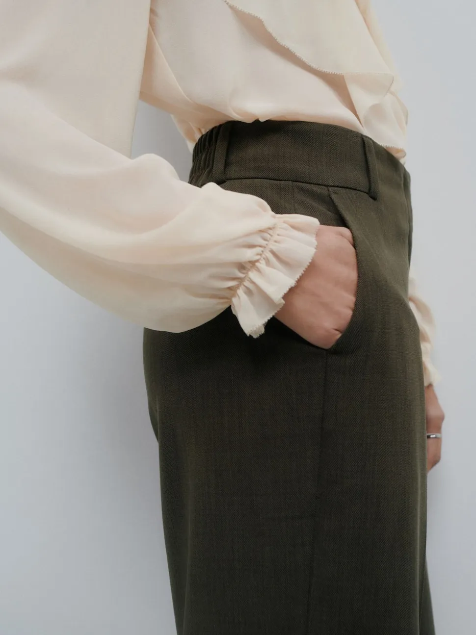 Khaki Green Crosshatch Elastic Waist Wide Leg Trousers