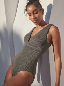 Khaki Green Glitter Plunge Shaping Tummy Control Swimsuit