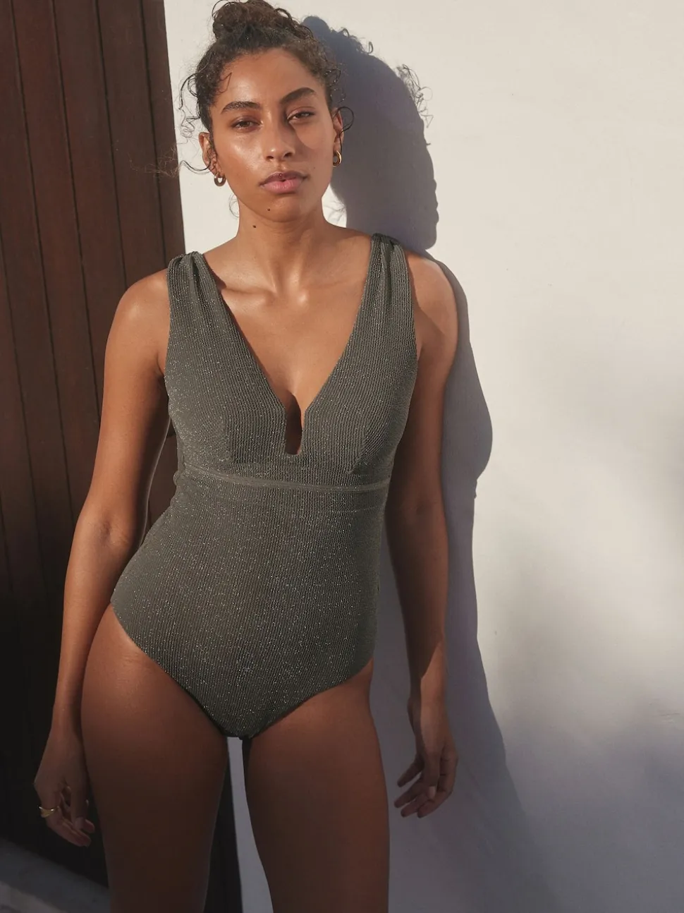 Khaki Green Glitter Plunge Shaping Tummy Control Swimsuit