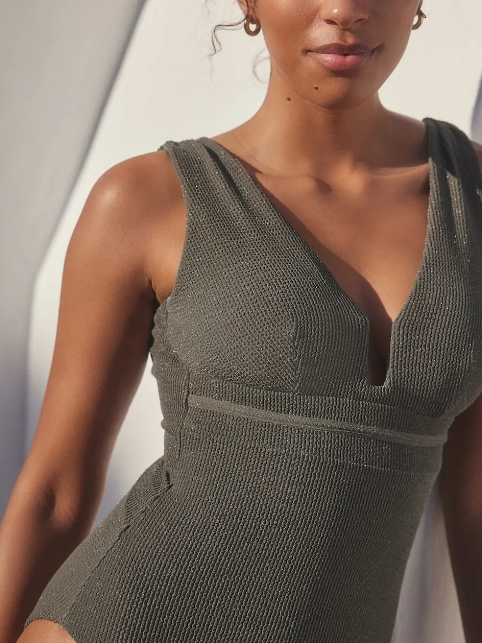 Khaki Green Glitter Plunge Shaping Tummy Control Swimsuit