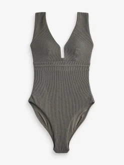 Khaki Green Glitter Plunge Shaping Tummy Control Swimsuit