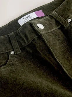 Khaki Green High Rise Velvet Cord Flare Jeans