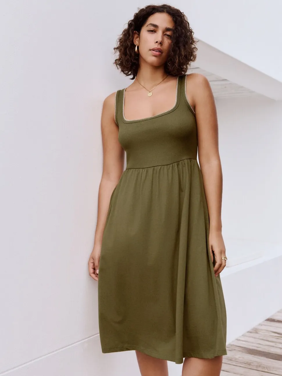 Khaki Green Jersey Midi Summer Dress