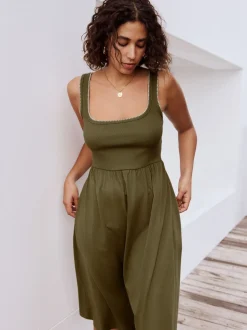 Khaki Green Jersey Midi Summer Dress